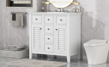 36" Bathroom Vanity with Ceramic Basin, Two Cabinets and Five Drawers, Solid Wood Frame, White (OLD SKU: SY999202AAK)